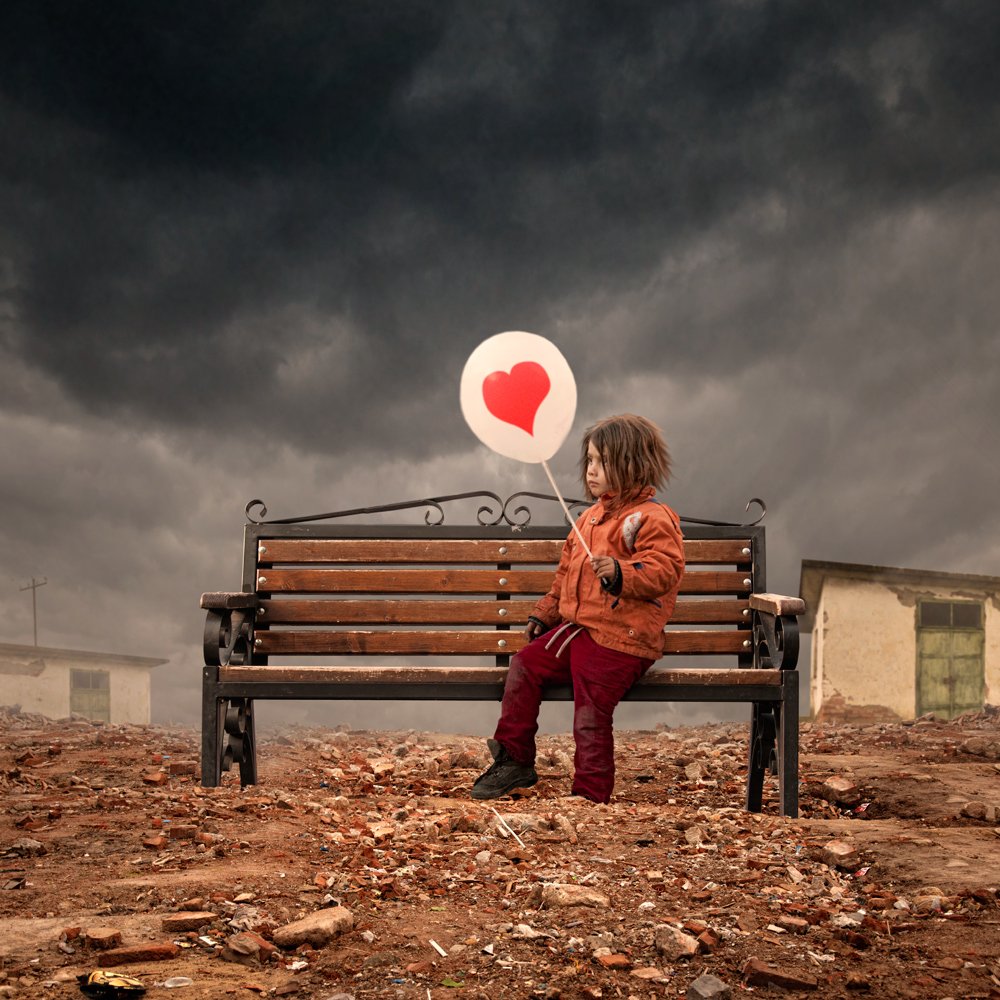 balloon, girl, child, bench, hangar, abandoned, heart, bricks, ground, alone, sky, clouds, drama, story, Caras Ionut