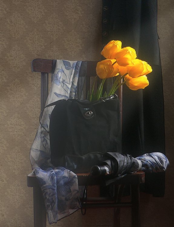 тюльпаны, сумка, плащ, стул, зонт, Нина Гулиманова