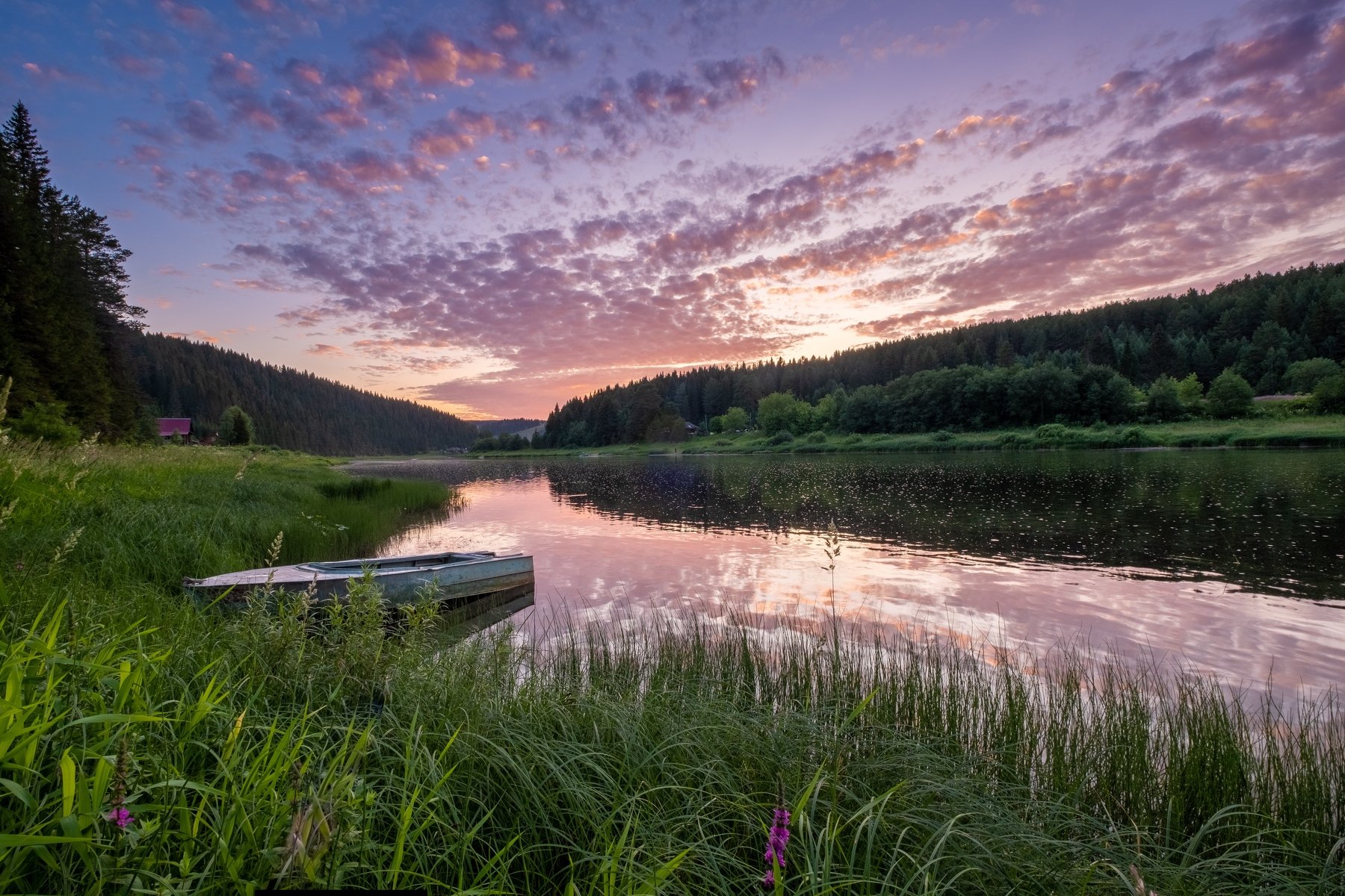 закат, река, лето, лодка, отражение, Савицкий Ян