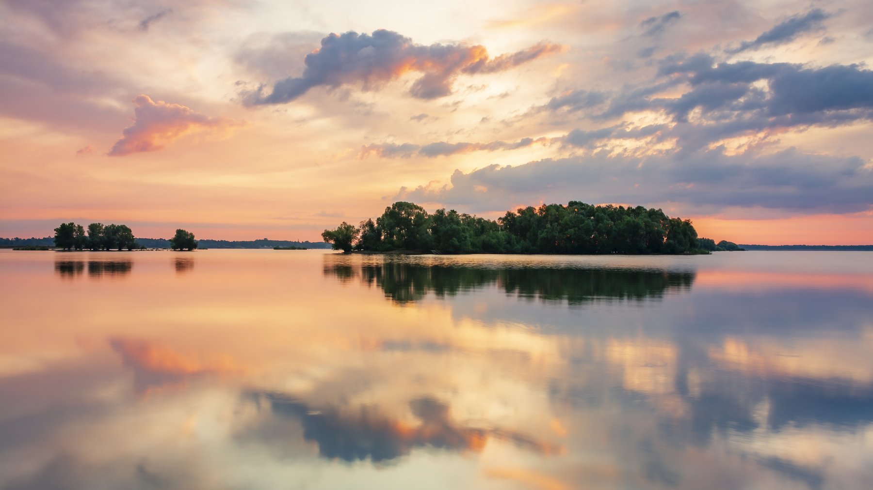 sunset, water, sky, cloud, reflection, lake, tree, Tomasz Myśliński