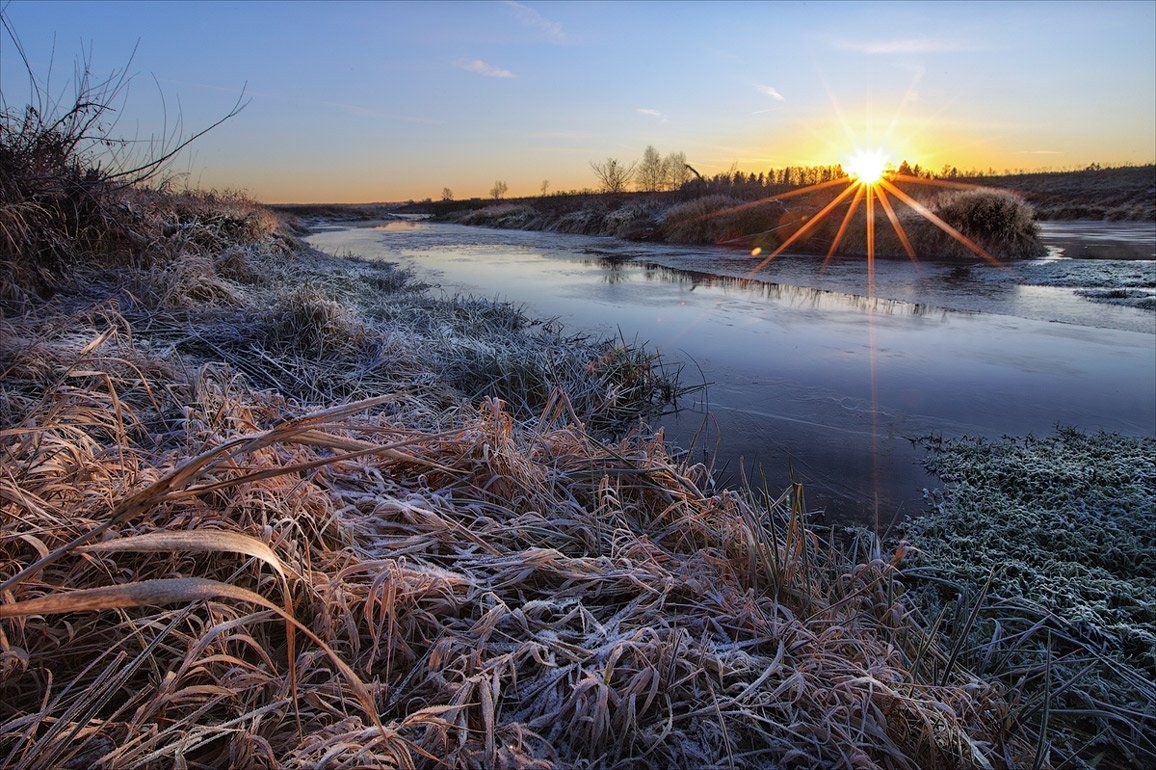 река, утро, мороз, иней, Сергей