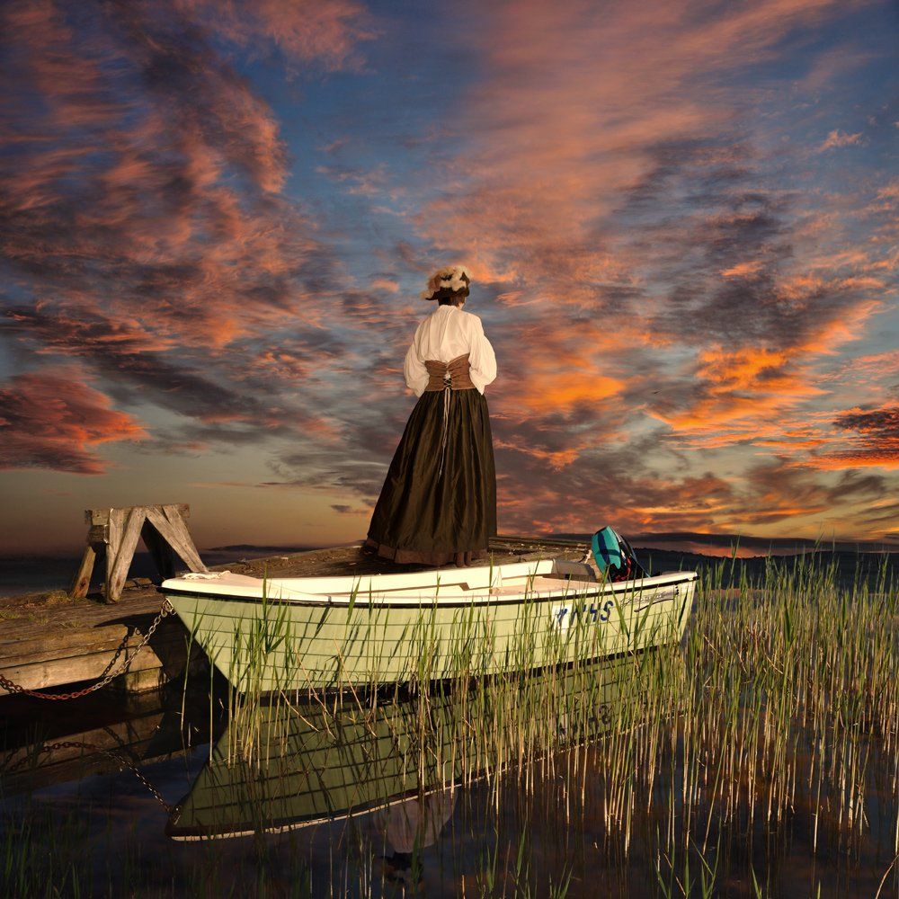 sky, girl, sunset, water, boat, reflection, clouds, grass, pier, victorian, Caras Ionut