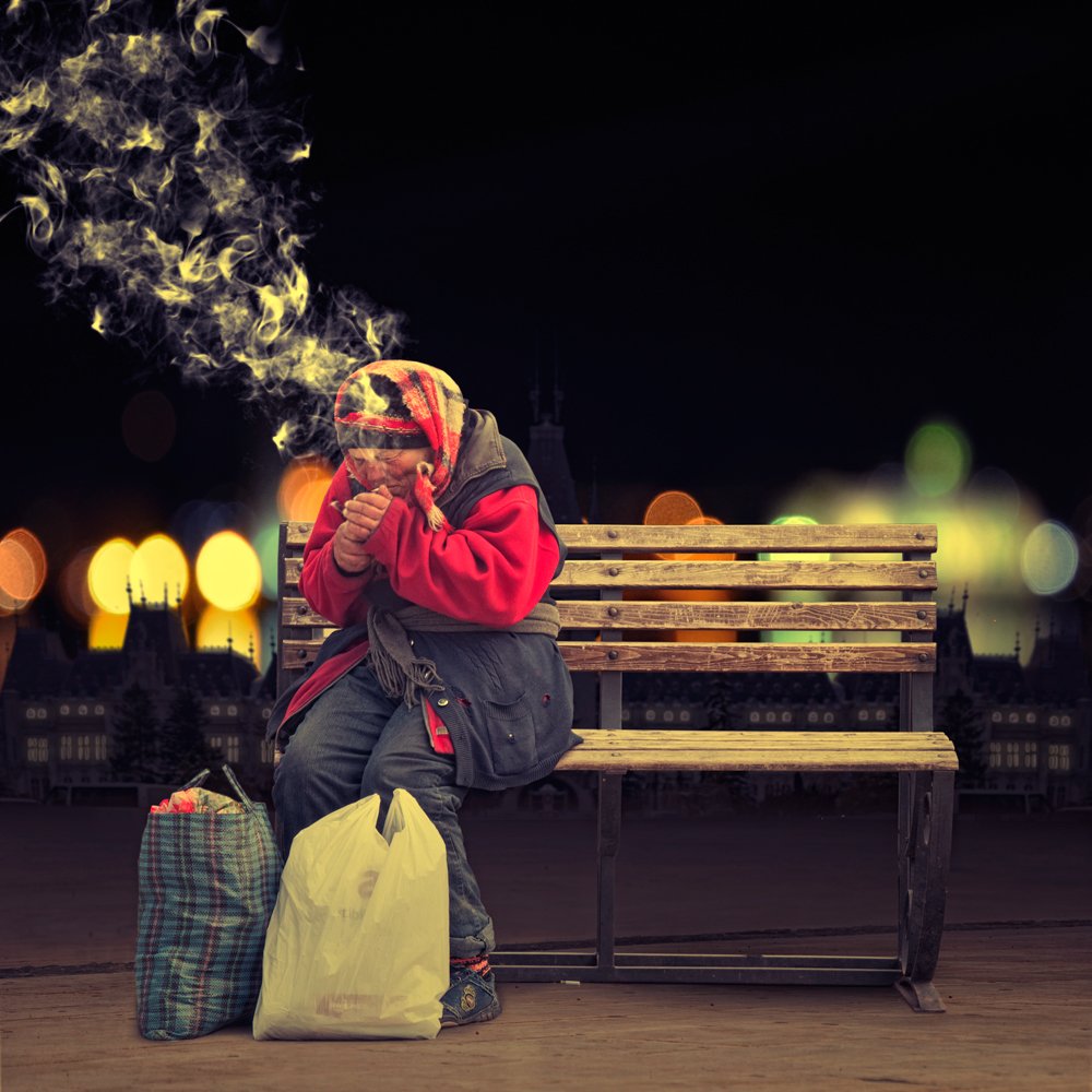 city, reflection, light, old, bench, woman, alone, smoke, bags, Caras Ionut