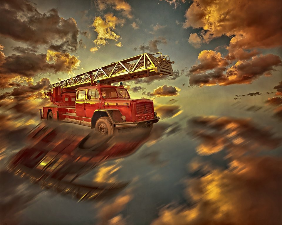 fire, car, sky, clouds, collage, Artur Brandys