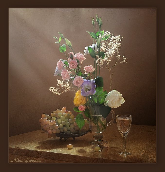 натюрморт, фотонатюрморт, цветы, розы, эустома, вино, виноград, still-life, Alina Lankina