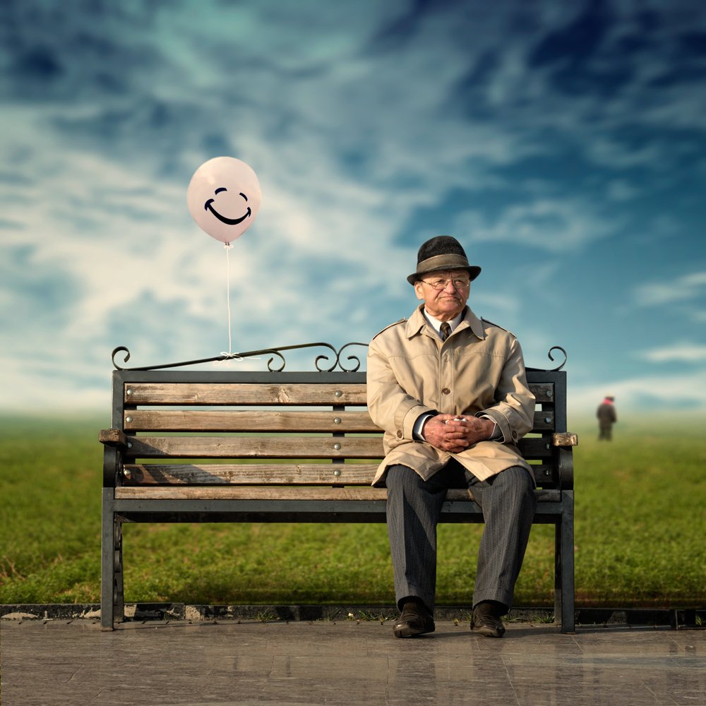 sky, spring, blue, old, story, bench, balloon, grass, man, child, alone, smile, sunny, shining, Caras Ionut