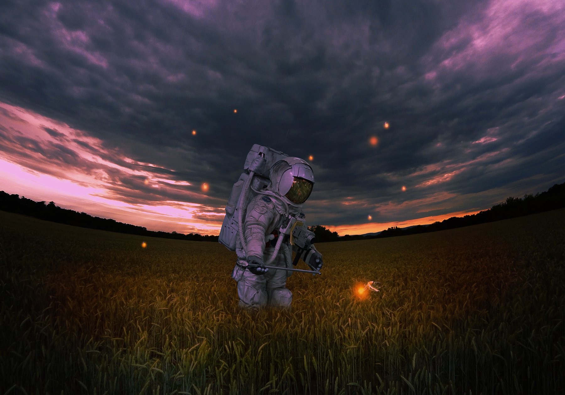космонавт, поле, светлячки, космос, Sergii Vidov