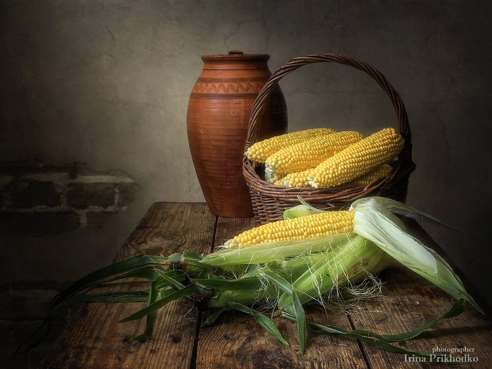натюрморт, урожай, кукуруза, початки, винтажный натюрморт, деревенский стиль, Ирина Приходько