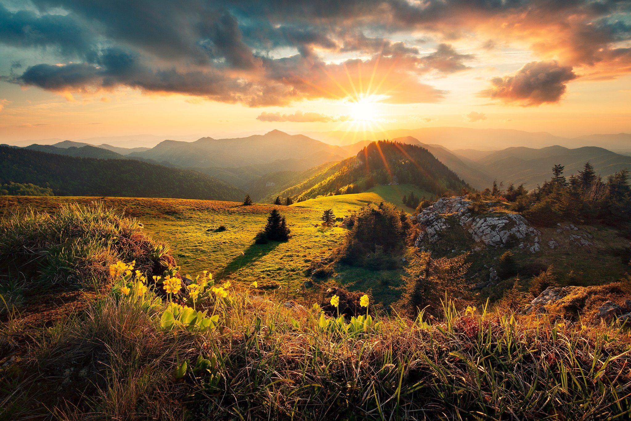 velka fatra, sunset, evening, mountain, meadow, rock, clouds, sky, flower, trees, hills,, Adrian Misiak