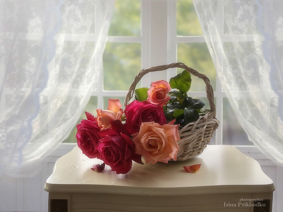 натюрморт, цветочный натюрморт, художественное фото, корзина, летние розы, Ирина Приходько