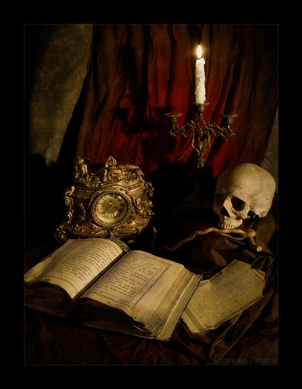 мертвая природа, натюрморт, череп, череп и кости, древняя книга, тайна, тоинственный, часы, свеча, магия, Alexandr