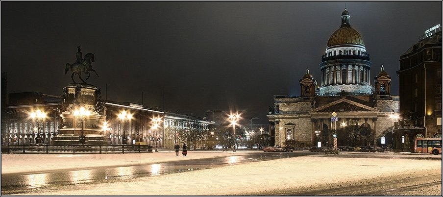 петербург, исаакиевская площадь, собор, памятник, ночь, свет, зима, снег, дорога, история, центр, архитектура, туризм, dyadyavasya, Дмитрий Шамин