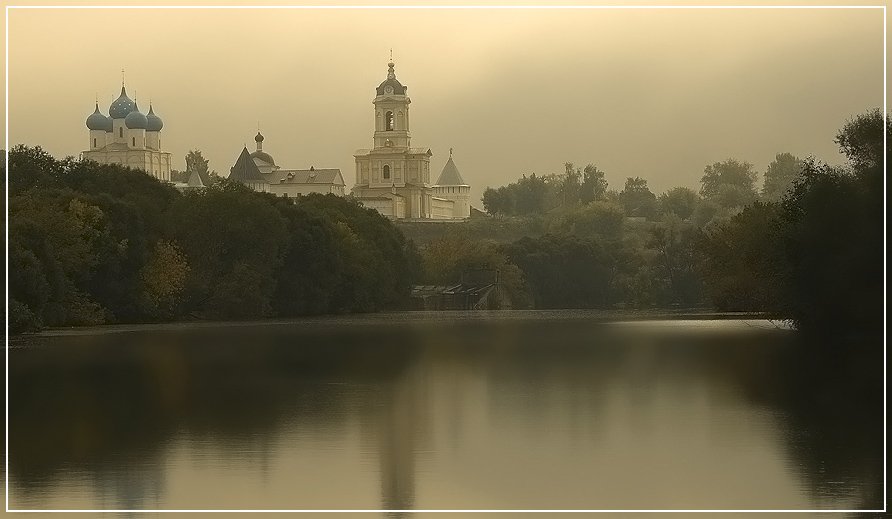 туман, утро, река, церковь, осень, Борис Куприков