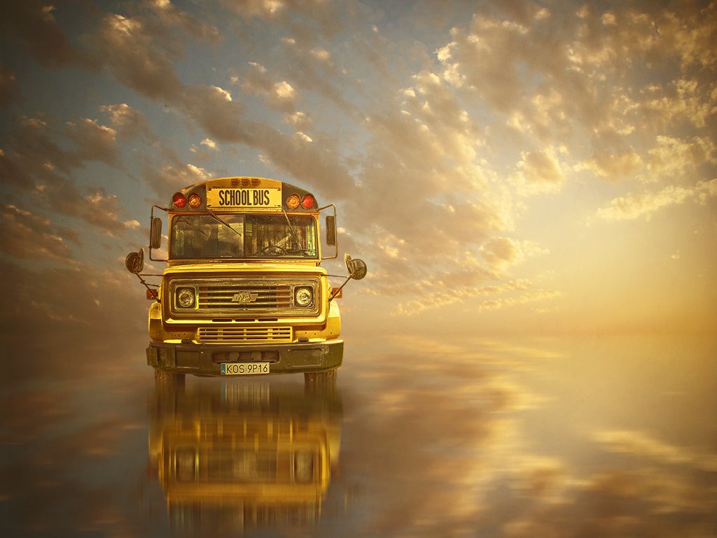 collage, bus, school, sky, clouds, sunset, Artur Brandys