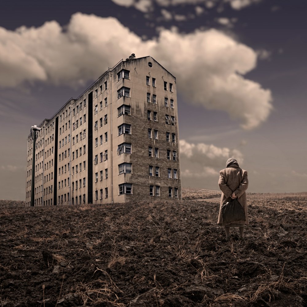 photoshop training with caras ionut,old,woman,building,ground,country,sky,clouds,shinning,light,alone,visitor,bag,flat, Caras Ionut