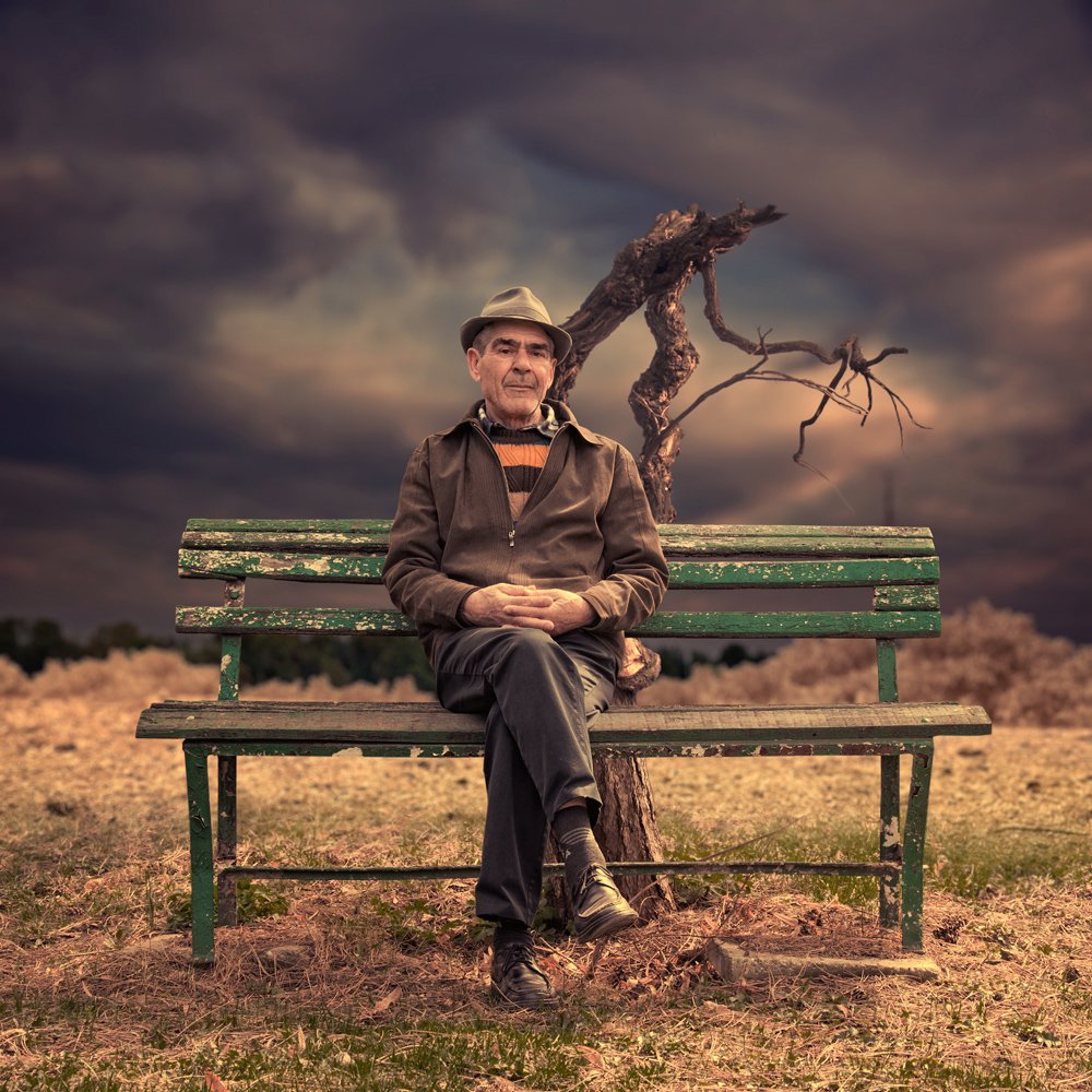 sky, forest, clouds, tree, bench, grass, man, wood, wheat, ground, ligh, Caras Ionut