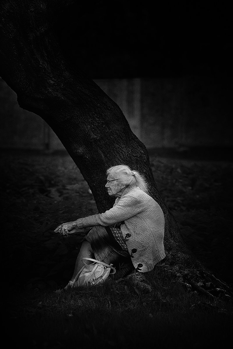 чб фото, старое дерево, пожилая женщина, Vera Trandina