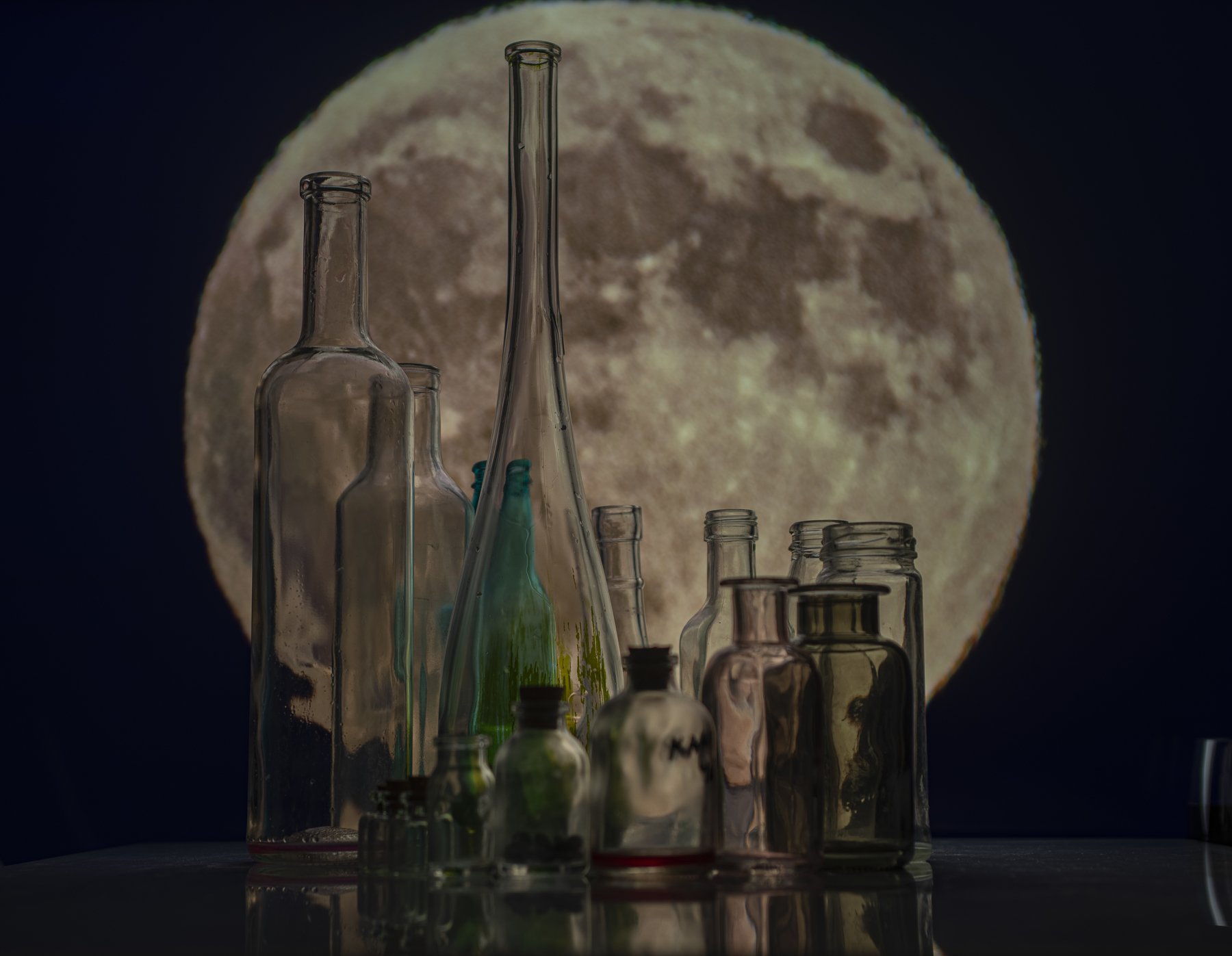 bottles,moon,still life,, mehmet enver karanfil