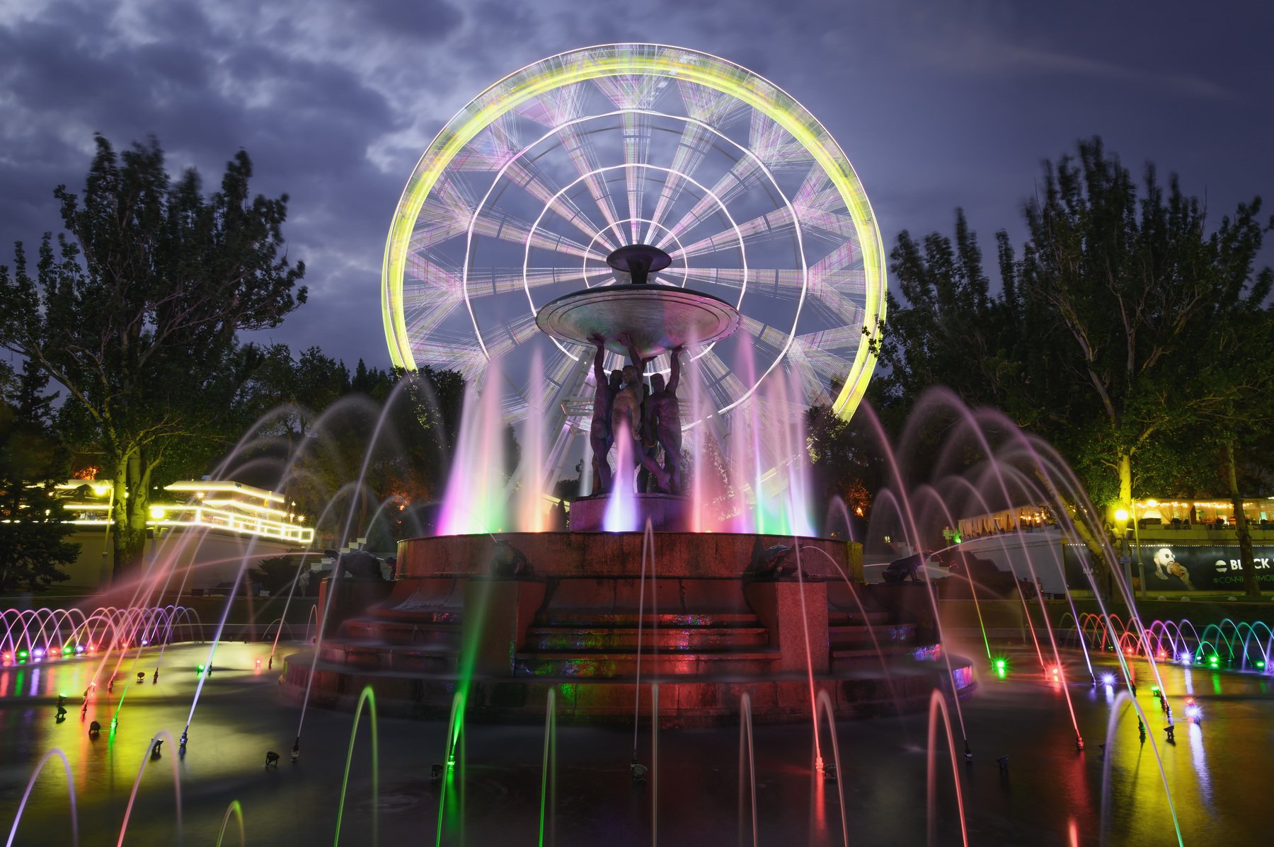 ferris, wheel, fountain, night, park, lights, water, sculpture, architecture, Егор Бугримов