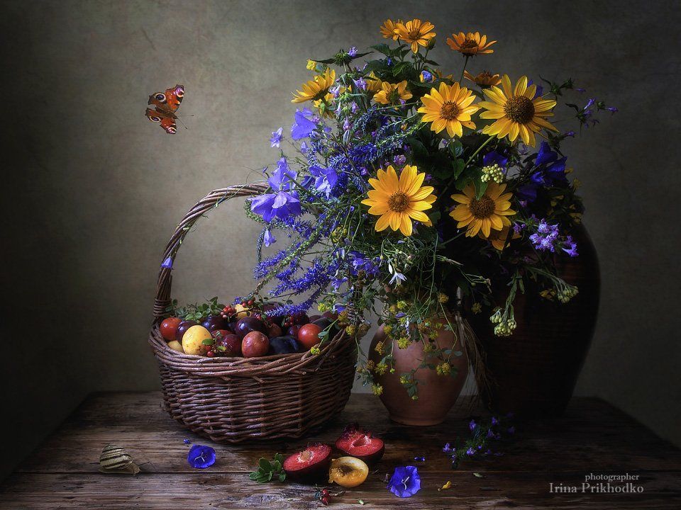 натюрморт, деревенский, винтажный, цветочный фруктовая корзина, Ирина Приходько