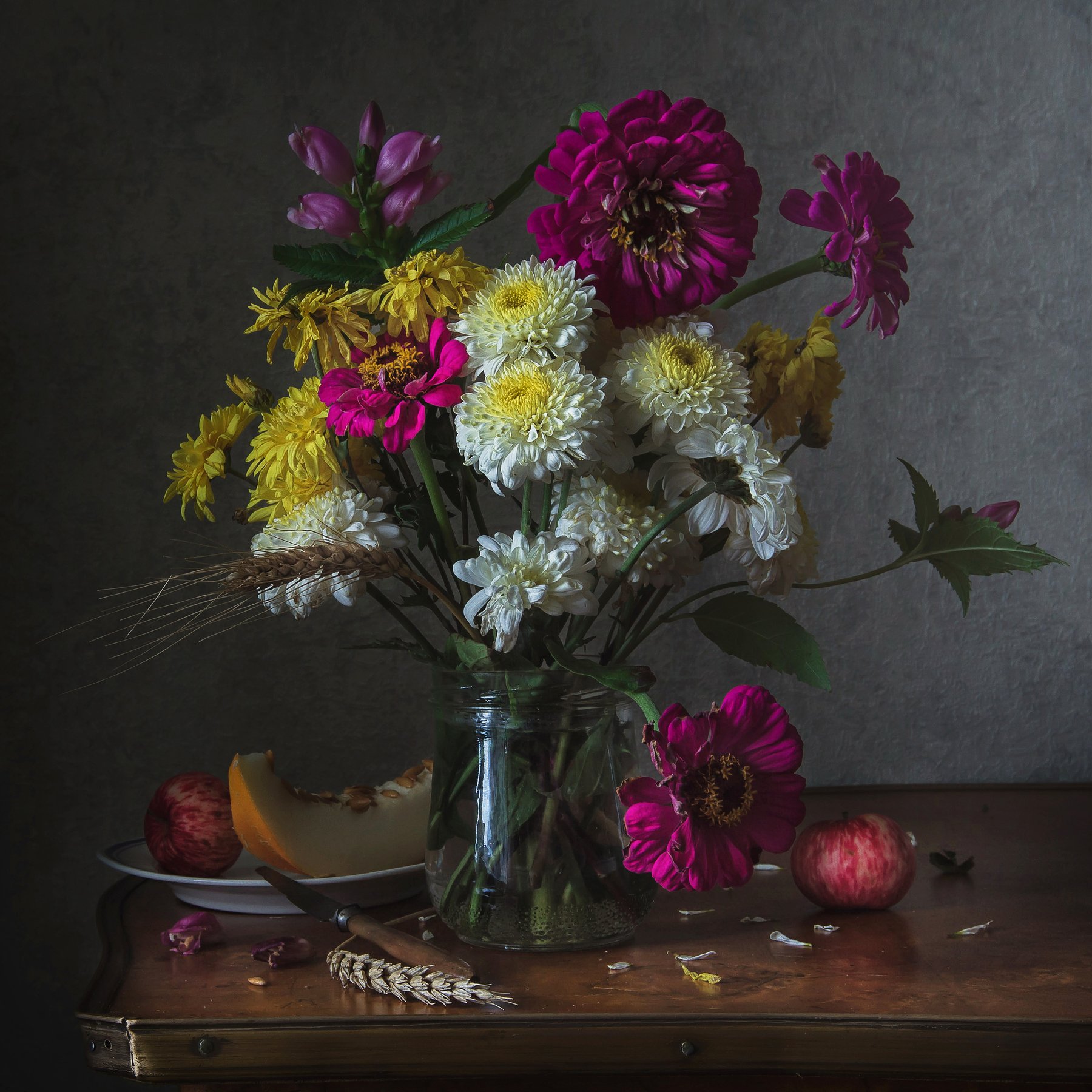 натюрморт, цветы, яблоки, колоски, Анна Петина
