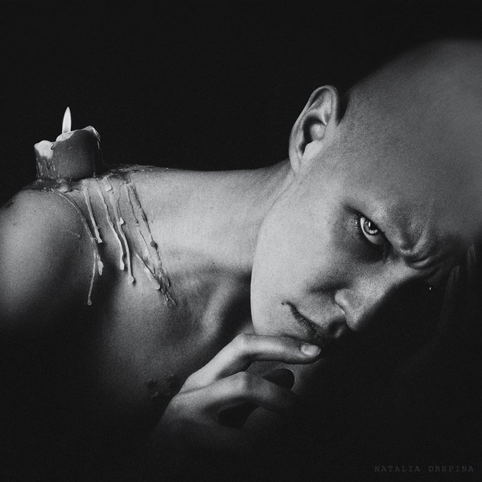 candle, black and white, bald, Natalia Drepina