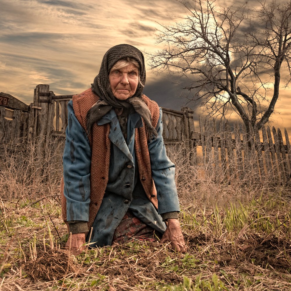 sky, hands, clouds, old, tree, bush, grass, woman, fence, green, wood, ground, worker, Caras Ionut