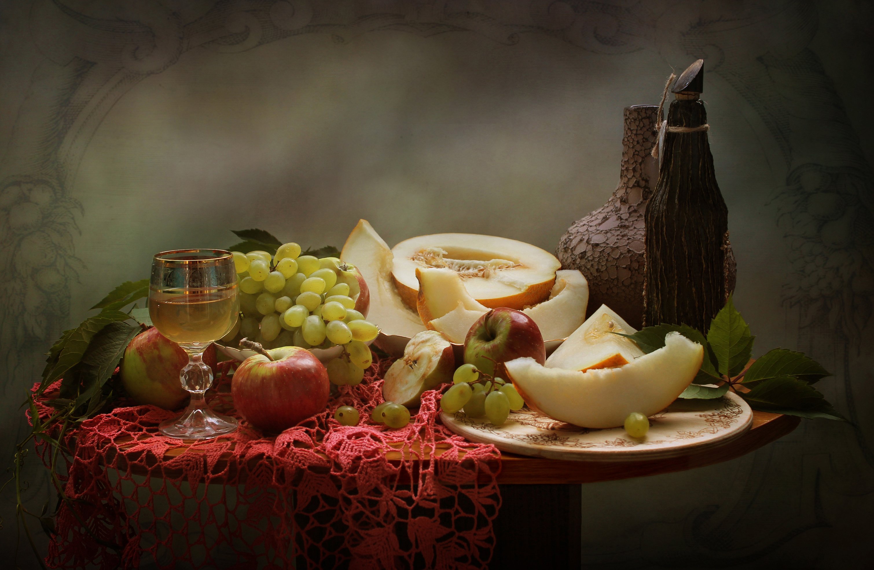 натюрморт, фрукты, кувшин, виноград, дыня, яблоки, бокал, Ковалева Светлана