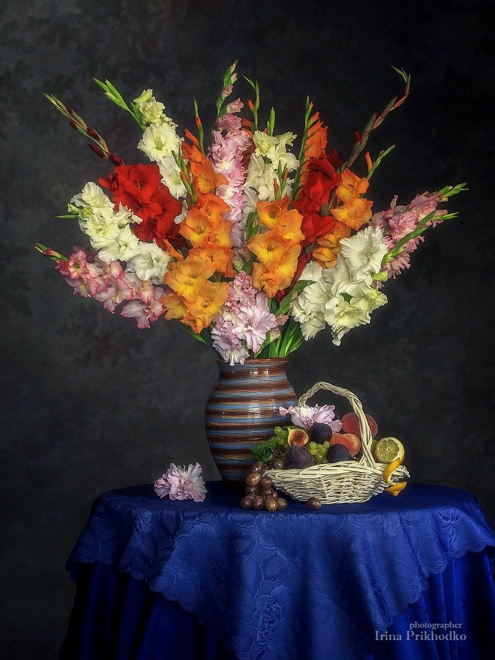 натюрморт, цветы, фрукты, август, гладиолусы, винтажный, Ирина Приходько