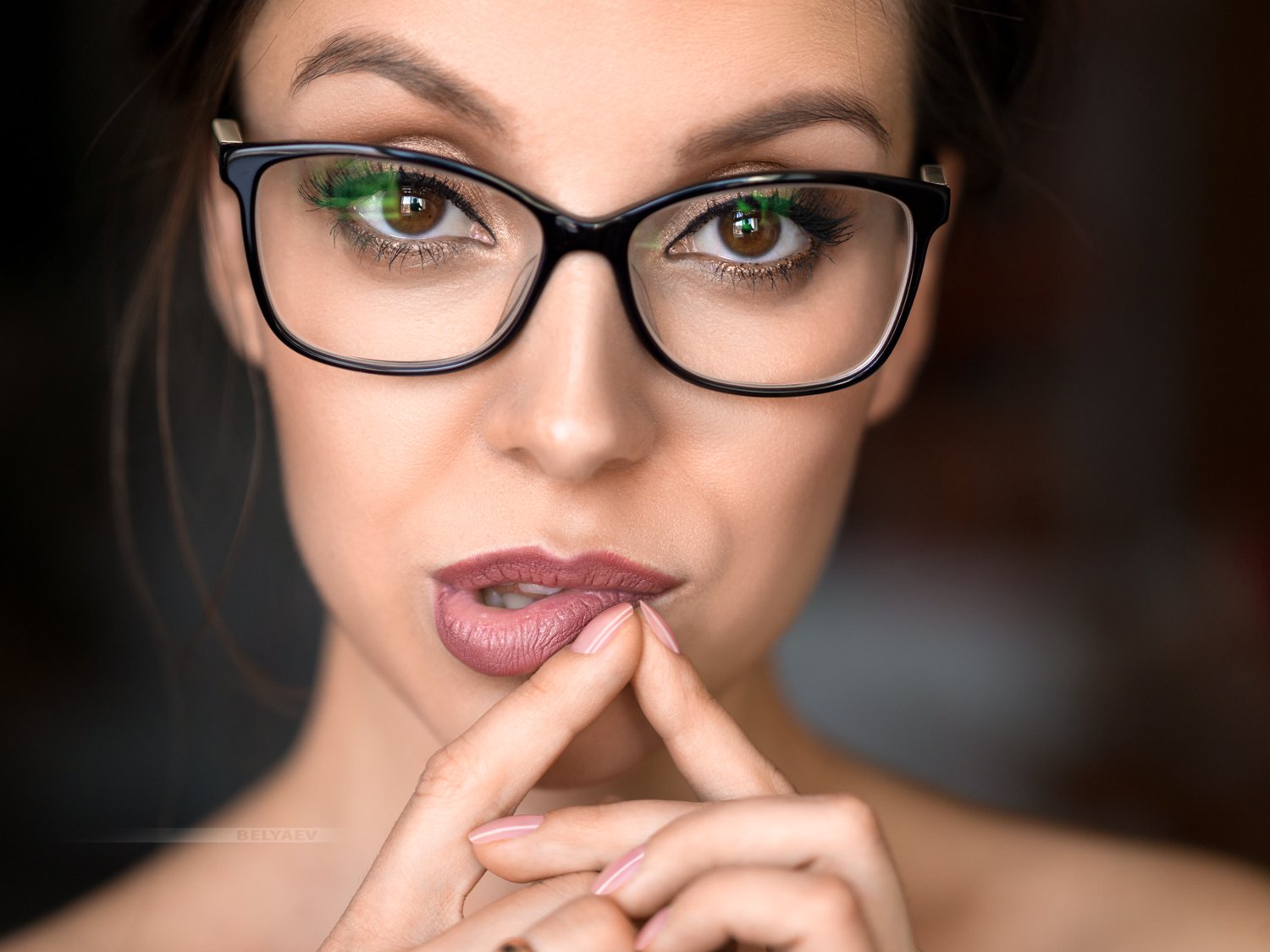 woman, eyeglasses, dark, looking, lips, touch, Dmitry Belyaev