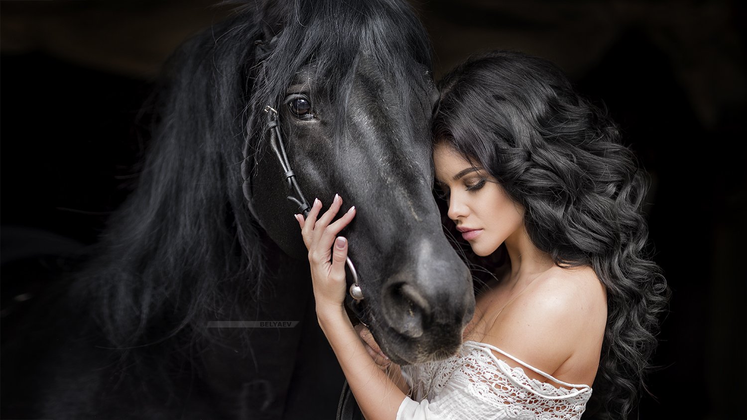 woman, horse, portrait, belyaev, sensual, brunette, Dmitry Belyaev