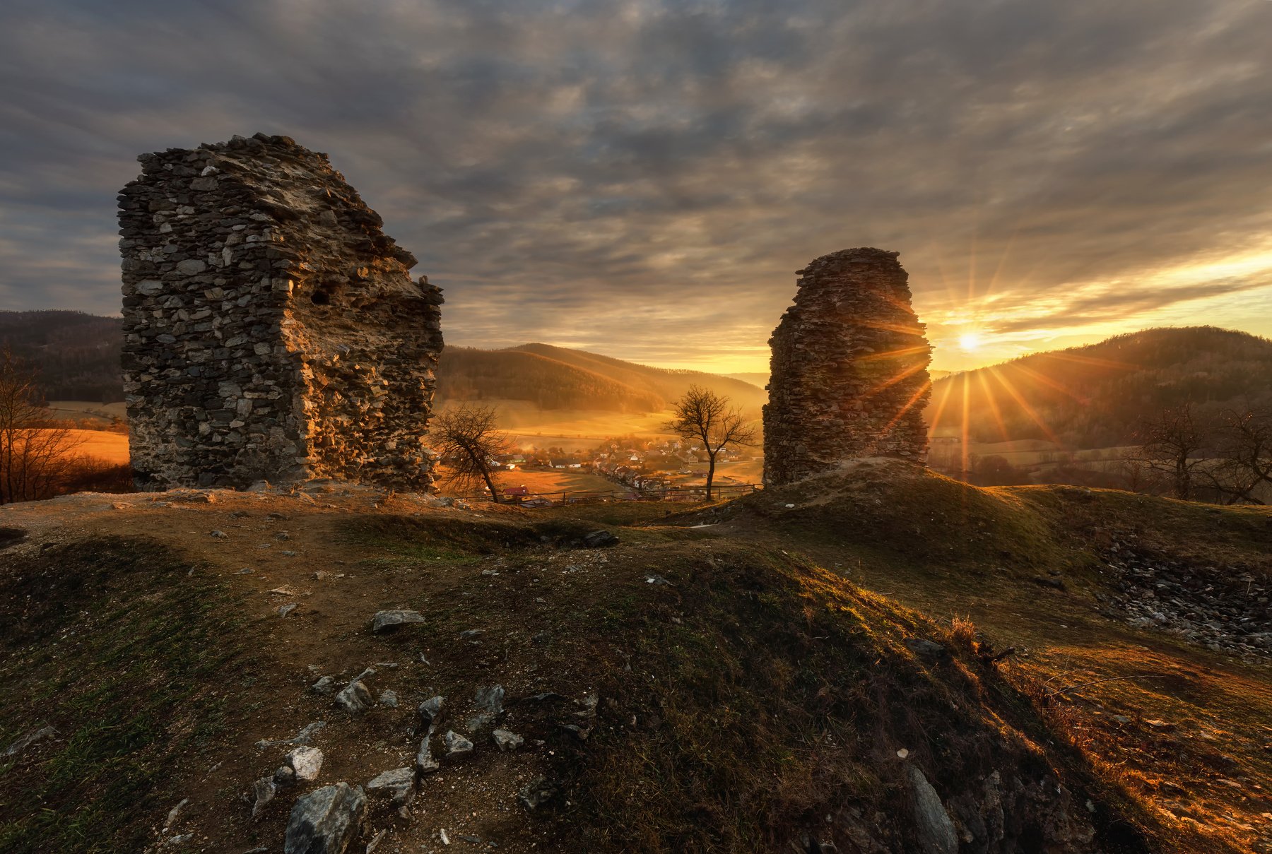 landscape, sunset, castle, sun, Petr Fiala