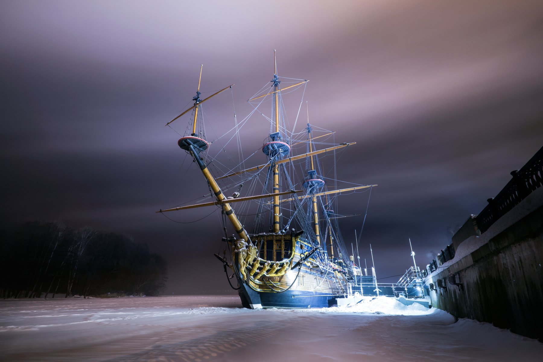 night nightscape cityscape mist ship winter ночь город туман корабль зима, Александр Хрипушин