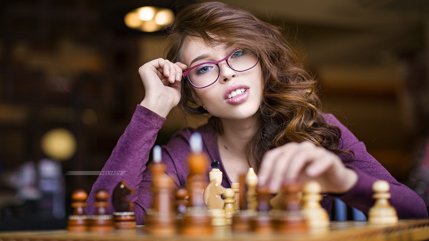 woman, eyeglasses, chess, portrait, Dmitry Belyaev