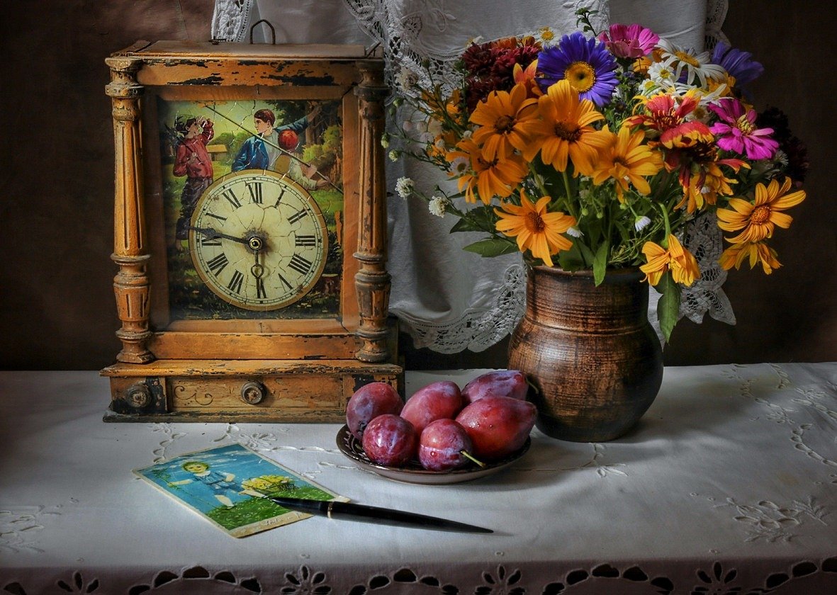 натюрморт,часы,слива,цветы,, Zadorina Svetlana