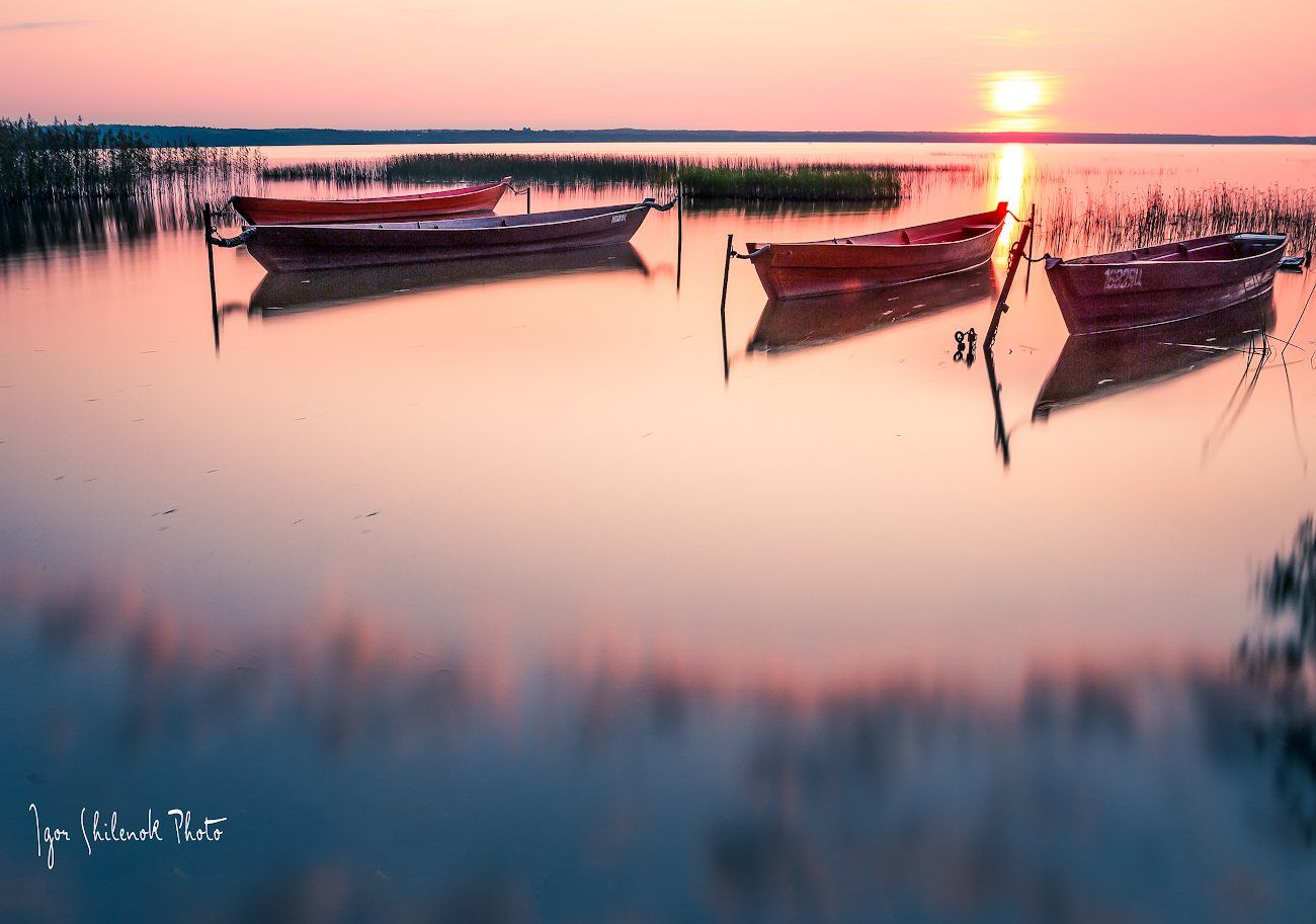 лодки, озеро, закат, отражение, Игорь Шиленок