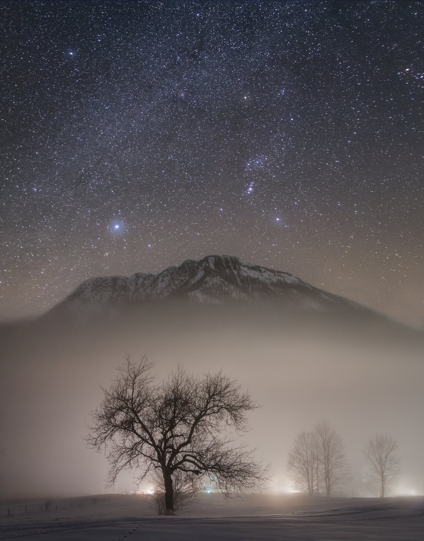 landscape, winter, stars, Petr Fiala