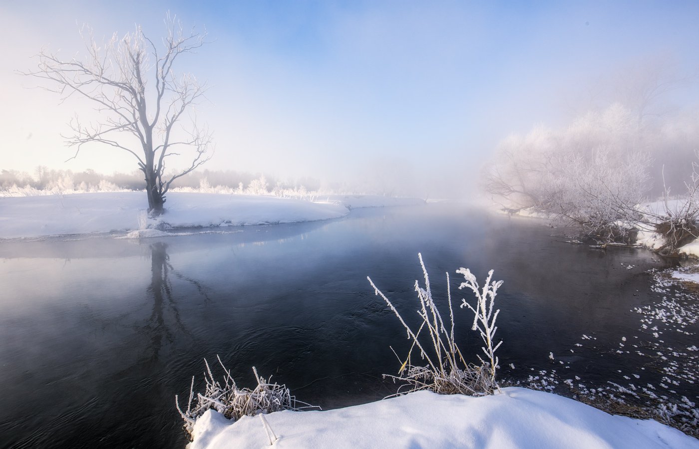 утро, зима, туман, солнце, рассвет, река, Виктор Климкин