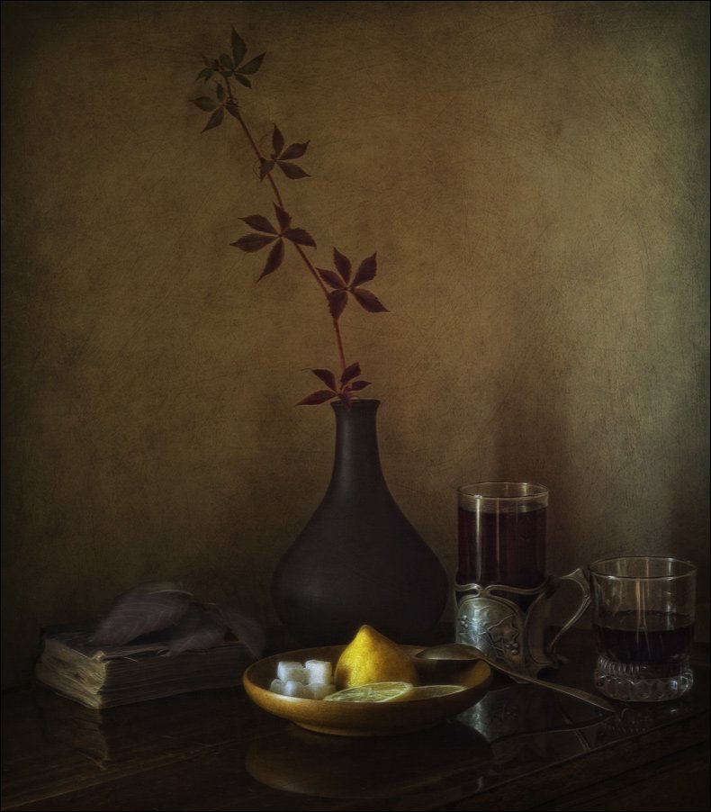 натюрморт, осень, чай, лимон, коньяк, книга, El. G.