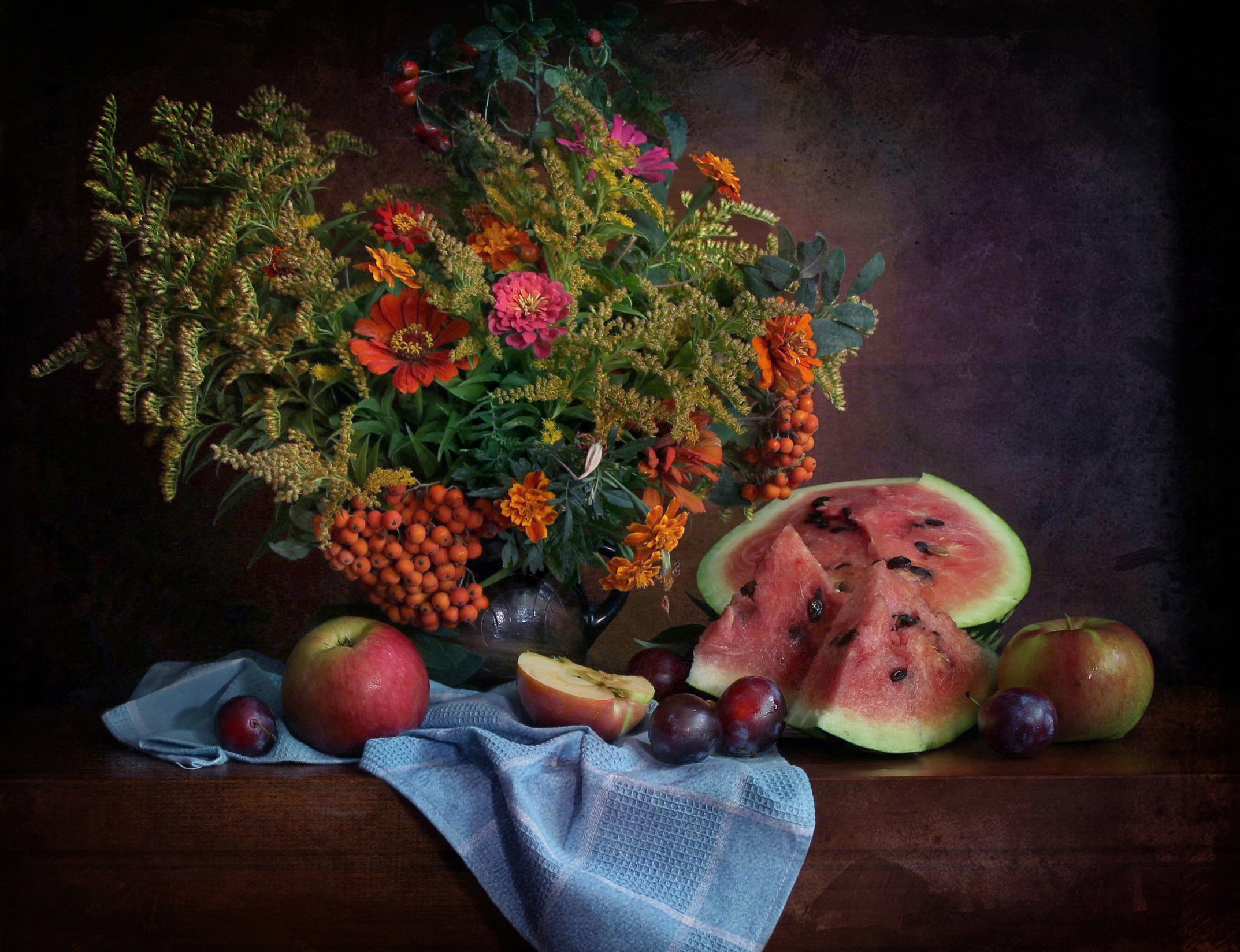 натюрморт, осень, цветы, арбуз, фрукты, Ковалева Светлана