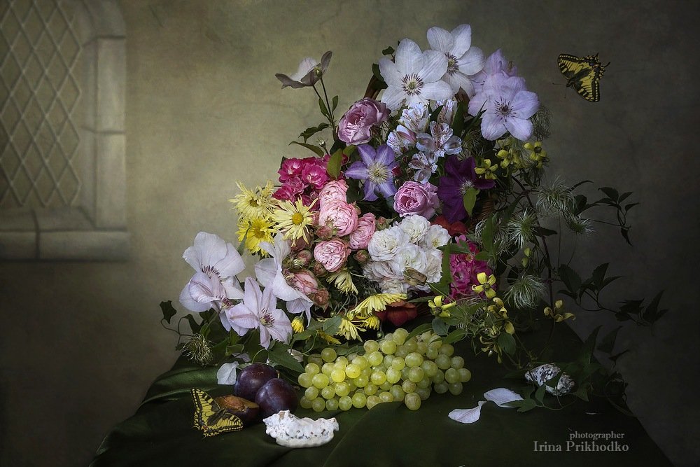 натюрморт, барокко, цветы, бабочки, фрукты, винтажный, Ирина Приходько