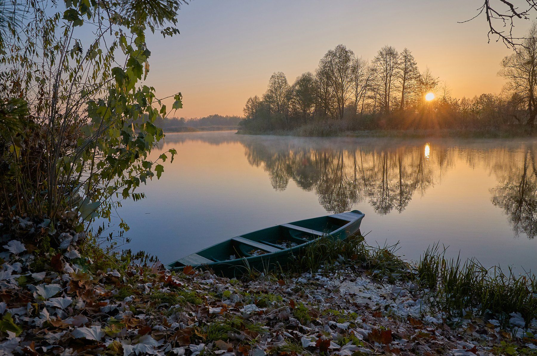 sunrise, dawn, boat, autumn, Казун Андрей