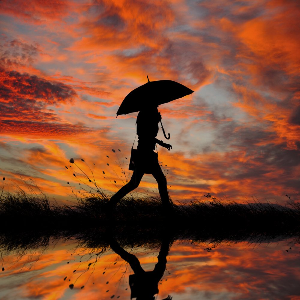 fire, sky, morning, girl, umbrella, reflection, clouds, rush, orange, running, black, crazy, wild, Caras Ionut