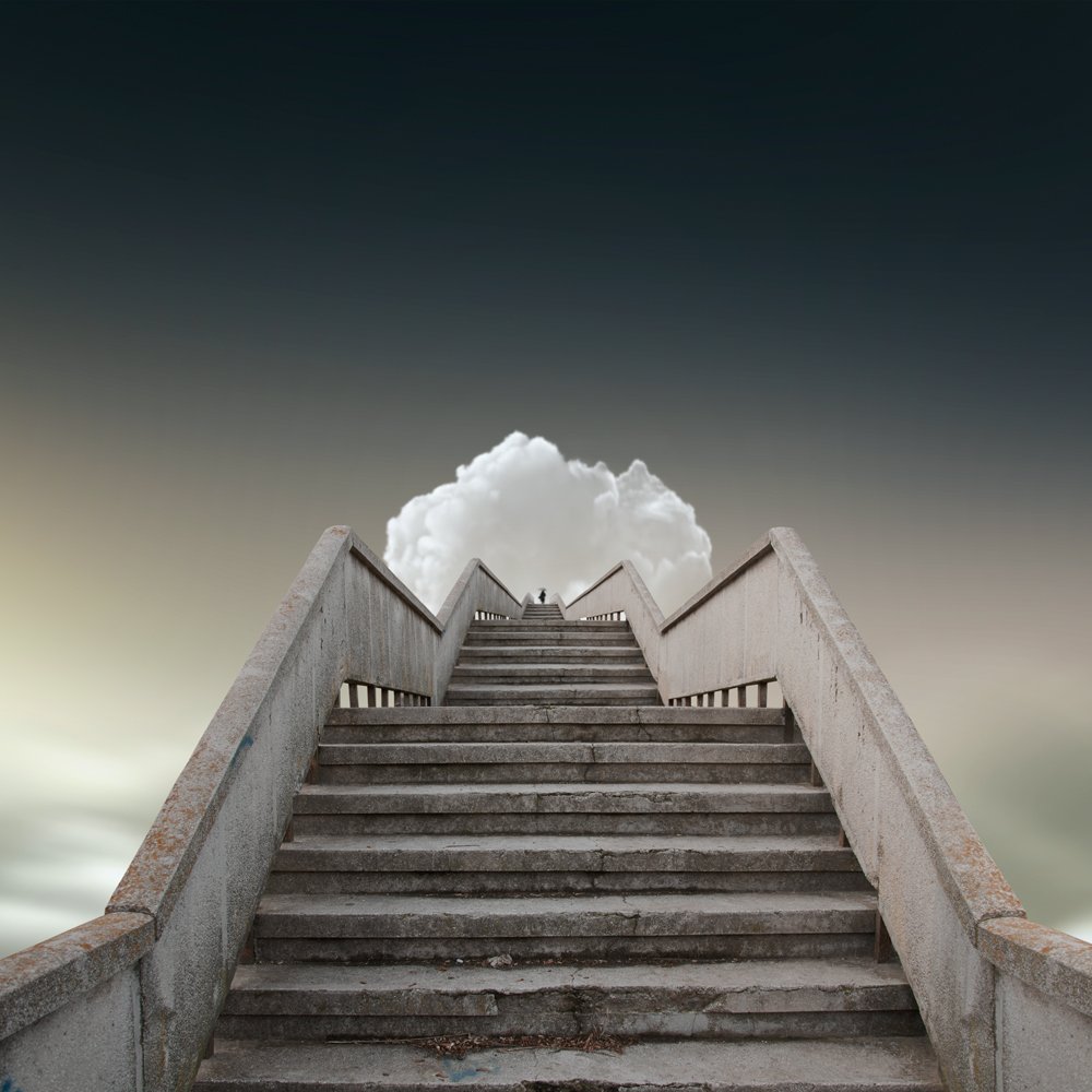 clouds, way, woman, long, stairs, walking, high, haven, umbrela, Caras Ionut