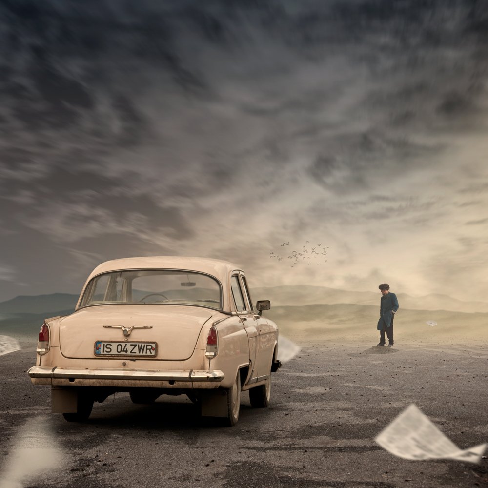 car,old,man,newspaper,clouds,toned,fly,alone,silence,storm, Caras Ionut