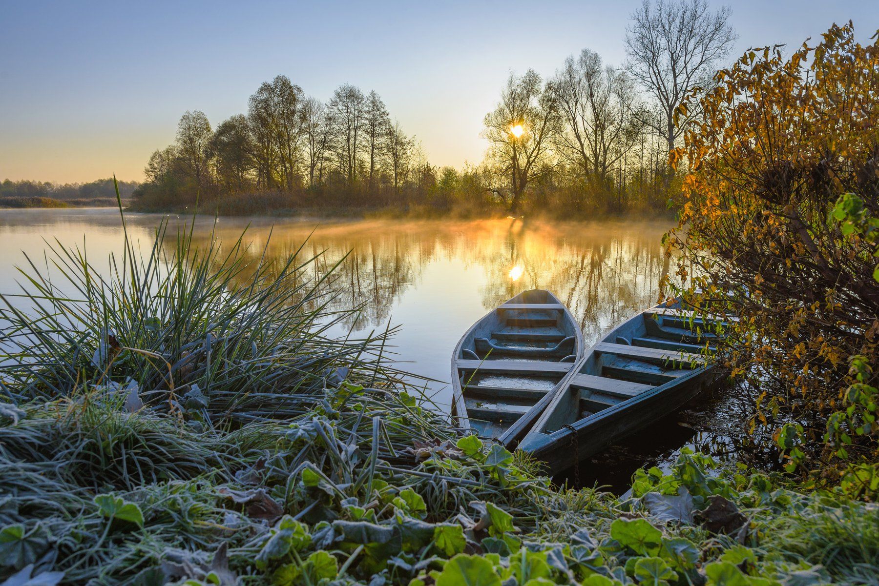 sunrise, boat, autumn, couple, two, morning, Казун Андрей