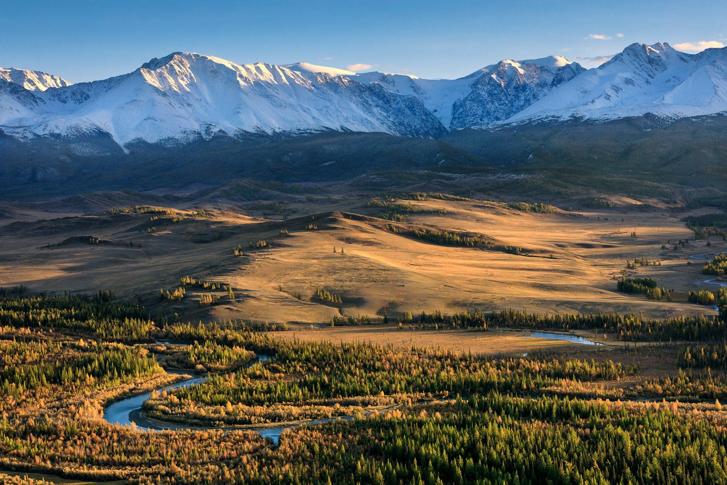 mountain, mountain range, Altai, landscape, river, forest, peaks, steppe, Ольга Тарасюк