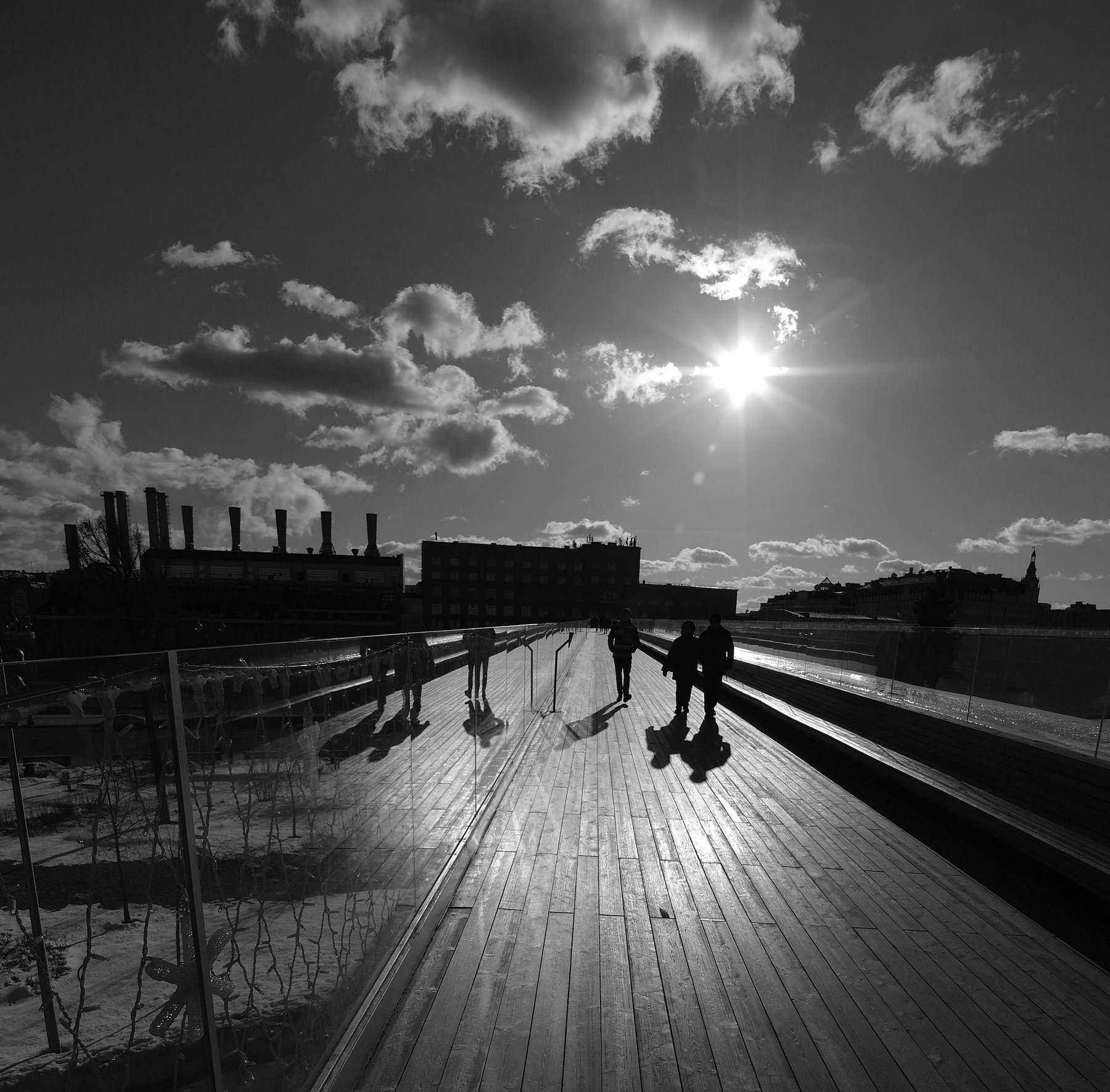 Зарядье, парящий мост, стеклянная ограда, солнце, тени, силуэты, отражение, Дмитрий Ткаченко