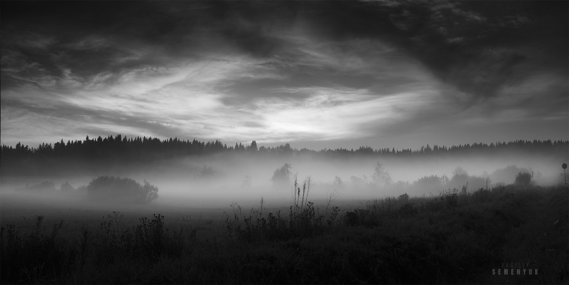 карелия, лето, ч/б, закат, поле, туман, лес, karelia, fall, mist, fog,bw., Семенюк Василий