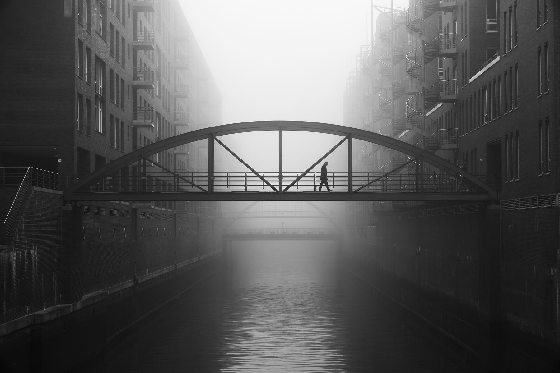 bridge, fog, fleet, water, people, street, urban, Alexander Schönberg